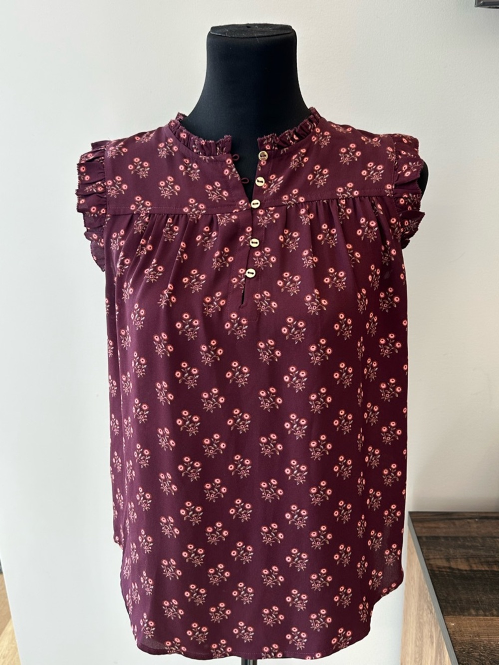 Loft Burgundy Floral Ruffle Sleeve Blouse - Petite